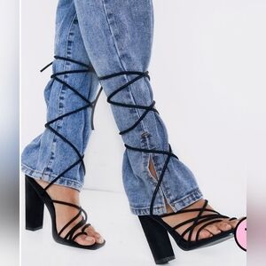 PrettyLittleThing Suede Strappy Toe Loop Lace Up High Block Heel Size 7 - New